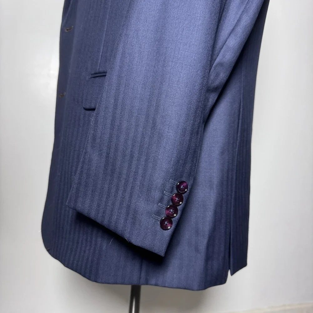 Suits & Co 3-Piece Suit Mens 48R 41x33‎ Navy Herringbone Wool Made to Measure